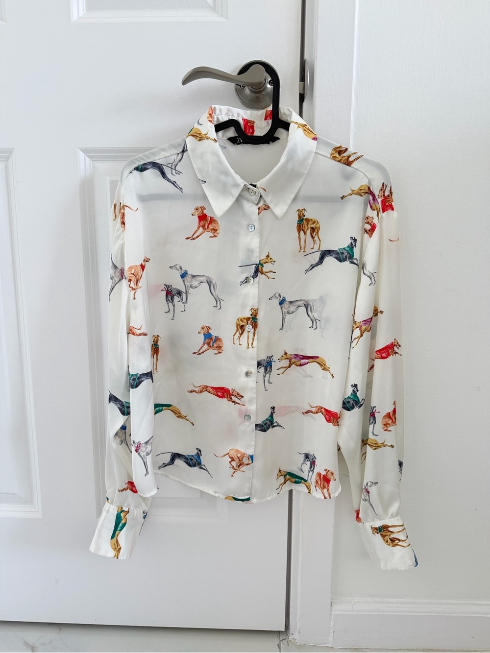 Women's White Button-Up Blouse with Multicolor Greyhound Print, Zara Size S